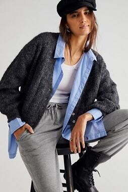 New Free People Amelia Cardi Alpaca Sweater$148 X-SMALL Gray Button
